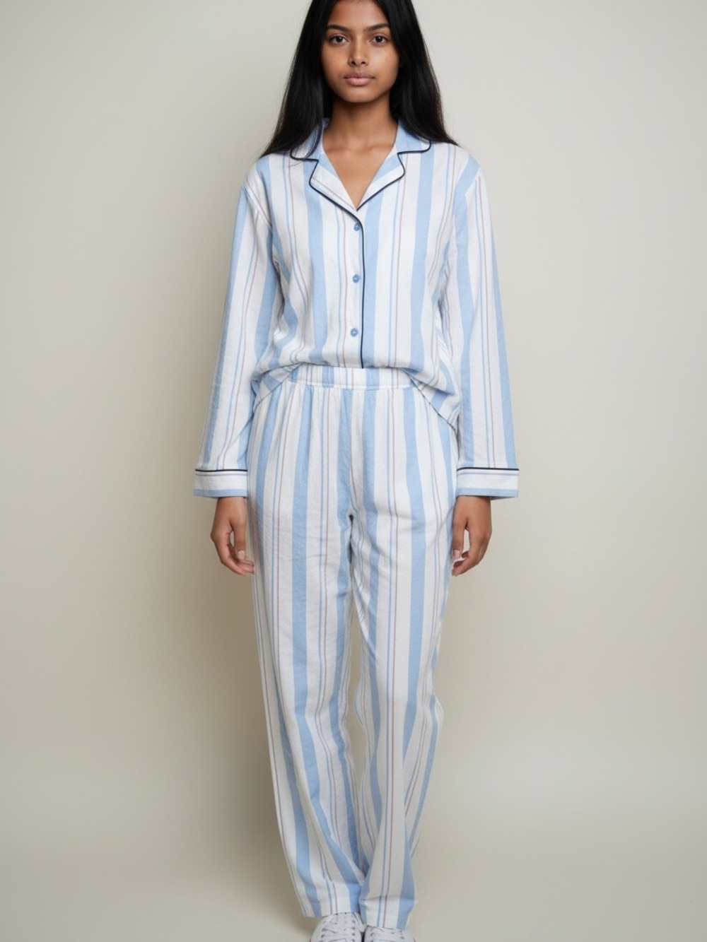 Comfort - Striped Light Blue & White Pajama Set with Contrast Piping